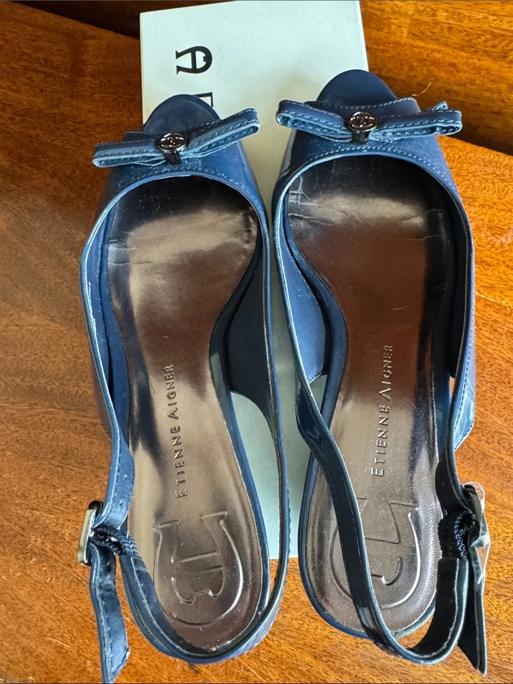 Etienne Aigner Navy Patent Peep-Toe Slingback Wedges with Bow